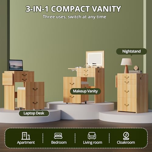FURSUN 3-in-1 Vanity with Flip Mirror & Lights, Fluted Compact Vanity Table with 3 Drawers, Storage Compartment and Rolling Stool, Modern Small Makeup Vanity for Bedroom, Powder Room, Natural Oak - size: 15.7"D x 18.2"W x 46.9"H, style: Natural Oak