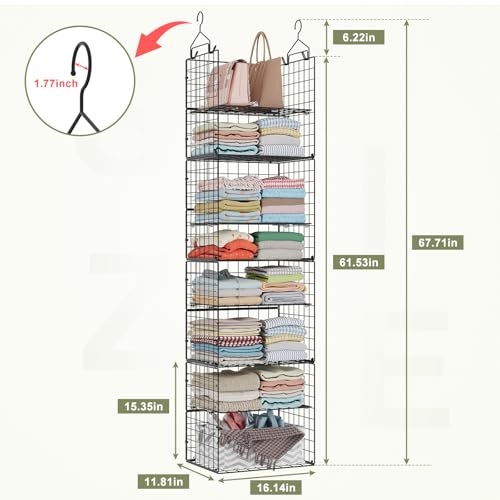 Hanging Closet Organizer and Storage - 8 Tier Closet Hanging Organizer Shelves, Metal & Foldable Hanging Storage Organizer Baskets with Adjustable Dividers for Clothing Sweaters Shoes Handbags - color: Black, size: 8-Tier