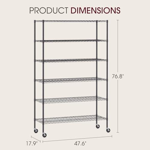 BestOffice | 6-Tier Wire Storage Shelves with Wheels | 48x18x77 | Black | Adjustable Racks | Heavy-Duty Metal Shelf, Holds Upto 600 lbs | No-Tool Assembly | Ideal for Home & Garage Shelving - color: Black, size: 48"D x 18"W x 77"H