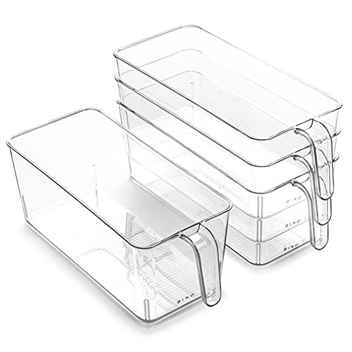 BINO l Plastic Storage Bins l THE HOLDER COLLECTION l 4-Pack, Medium Multi-Use Clear Containers for Organizing with Built-in Handles l Pantry Organization & Storage l Kitchen Organizer l Storage Bins - size: 4 Pack - Medium