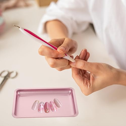 Beavorty Stainless Steel Jewelry Tray Pink Ring Holder Multi-Functional Nail Tool Organizer Trinket Storage Plate with Stable Feet 7X5 Inches - color: Pink