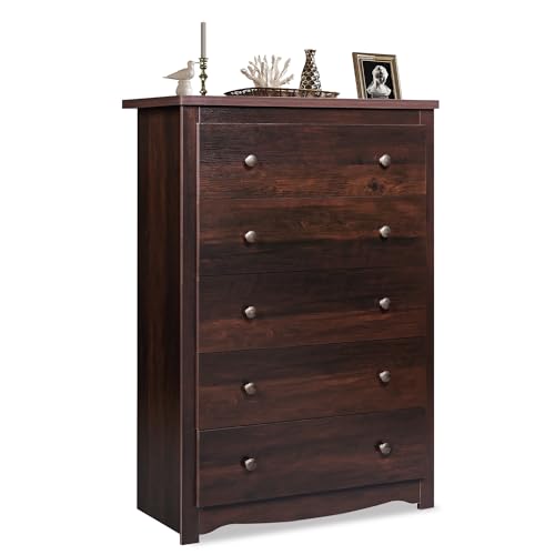 WLIVE Wood Dresser with 5 Drawers, 45" Tall Dresser for Bedroom, Chest of Drawers, Storage Cabinet and Organizer Drawers for Living Room, Hallway, Closet, Rustic Brown - color: Brown, size: 5 Drawers