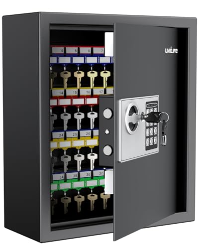 Uniclife 70 Position Key Cabinet with Combination & Key Lock Wall Mounted Security Keys Safe Key Organizer Black Digital with Keypad Adjustable Racks Key Tags & Permanent Pen (Batteries Not Included) - style: Electronic Digital Lock