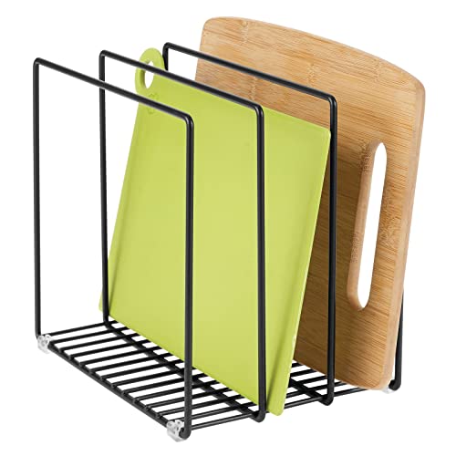mDesign Steel Storage Tray Organizer Rack for Kitchen Cabinet - Divided Holder with 3 Slots for Skillets, Frying Pan, Pot Lids, Cutting Board, Baking Sheets - Concerto Collection - Black - color: Black, size: 10.2 x 7.3 x 8.6