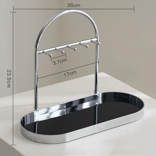 Shinpuru Metal Jewelry Organizer Stand & Key Holder Tray with Acrylic Base, Key Stand and Jewelry Tray with 5 Hooks, Perfect Key Bowl, Valet Key Tray, Ring Holder, Jewelry Dish (Silver Black) - color: Silver Black