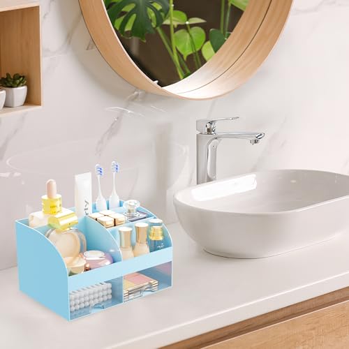 Makeup Organizer with 2 Drawers, Cosmetic Storage for Dresser Vanity and Bathroom Countertop,Make up organization and Skincare Storage with Beauty Brush Holder, Cosmetic Display Case (Blue) - color: Blue