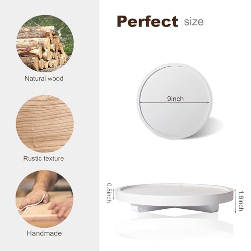 Round Decorative Tray Wood Bathroom Counter Organizer Farmhouse Kitchen Decor Wooden Riser for Soap Dish, Perfume, Candle, Sponge, 9" - White - color: White, size: 9"