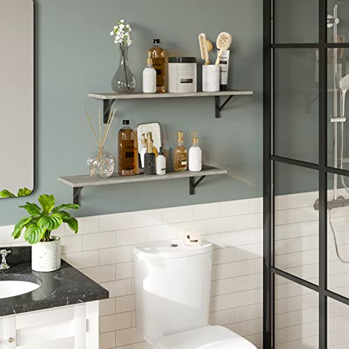 DINZI LVJ Long Shelf, 31.5 Inch Large Wall Mounted Shelves Set of 2, Easy-to-Install, Display Ledges with Sturdy Metal Brackets for Living Room, Bathroom, Bedroom, Kitchen, Laundry Room, Gray Wash - color: Grey Wash, size: 31.5 Inch