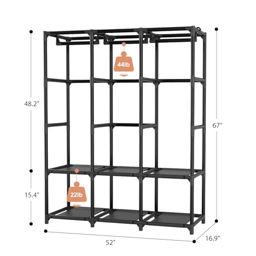Wardrobe Closet, Portable Closets for Hanging Clothes 19mm Steel Tube Portable Wardrobe Closet for Bedroom, Clothes Rack with Cover, 3 Hanging Rod, 6 Storage Shelves and Side Pocket - color: Black, size: 3 Row - 52' Wide