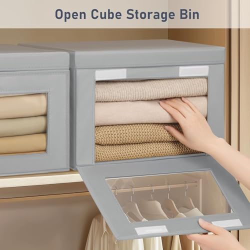 DIMJ Storage Bins with Lids - 5 Pack Large Fabric Closet Organizer with Window & Handles, Collapsible Decorative Storage Boxes for Shelves Under Bed, Books Clothes Blankets Sweaters Organization - color: Gray, size: Large-5 Pack