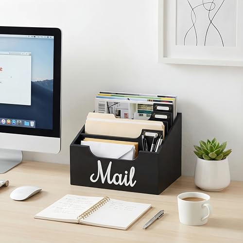 Wood Mail Organizer Countertop, Rustic Mail Holder for Desk with 4 Slots, Mail Sorter for File Paper Folder, Letter Sorter Bill Organizer for Office Home Classroom, Desk Organizers and Accessories