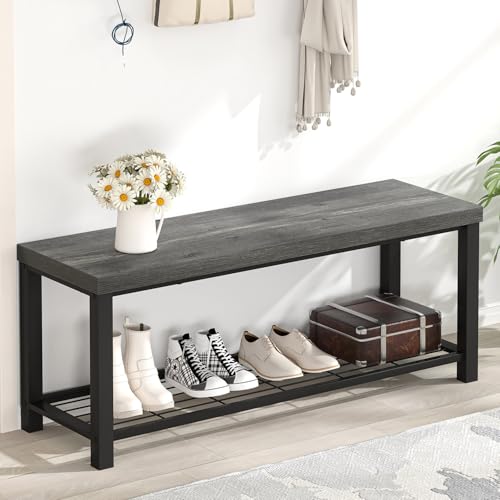 EXCEFUR Entryway Bench, Industrial Metal and Wood Storage Bench for Living Room, Indoor Shoe Rack Bench Seat, 43.3 Inch Grey - color: Grey, size: 2-Tier