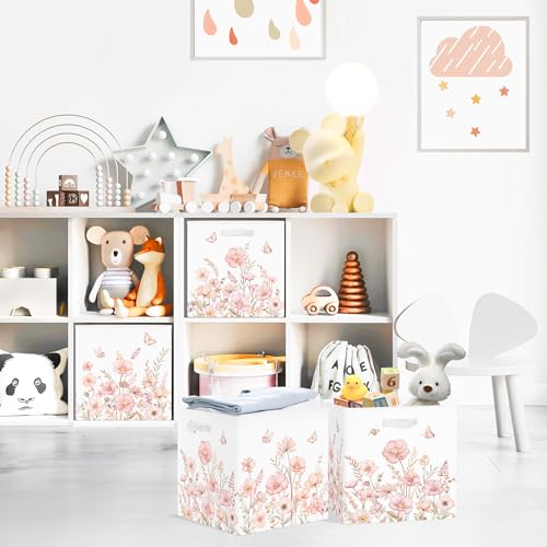 Clastyle 3 pcs 11.8'' Spring Summer Flower Storage Basket for Shelves with Metal Frame Large Butterfly Girl Clothes Toy Book Cube Bin for Bedroom Playroom,Pink - color: Watercolour