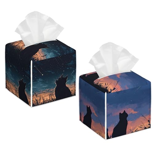 Starry Night Sky Cat Tissue Box Holder, Leather Tissue Box Cover Square, Paper Facial Decorative Tissues Cover for Bathroom Home Car Nightstand Vanity Desk, 2 Pcs - color: Starry Night Sky Cat