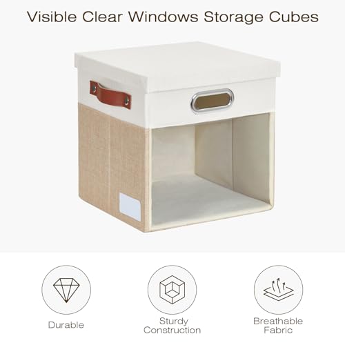 Ultra Thick Fabric Storage Cubes with Lids & Windows, 13-Inch Foldable Closet Storage Bins with 3 Handles, Home Decorative Boxes for Bedroom, Living Room, Dorm, Office (Beige & White) - color: Beige&White, size: 13"L x 13"W x 13"H