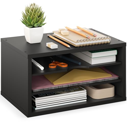 Ballucci File Organizer, 3-Tier Document Paper Sorter, Stackable Wood Desk Organizer, Mail Sorter and Monitor Stand with Storage Shelves, Black - color: Black, size: 3 Tier