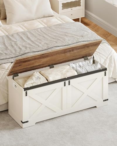 Hzuaneri 47.2" Storage Chest, Large Storage Trunk with 2 Hinges, Farmhouse Wooden Box Bench, Lift-Top Organizer Chest, Entryway Trunk for Bedroom, Living Room, White and Brown SB12114X - color: White and Brown, size: 15.7"D x 47.2"W x 19.1"H