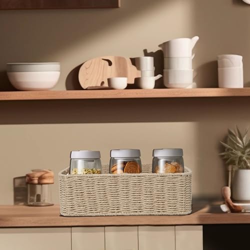 Drawer basket Handwoven Paper Rope Rectangular Shallow Basket Storage-15.35X12.01X4.72 Inches (Brown) - color: Brown