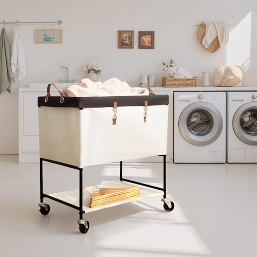 StorageWorks Laundry Cart, 2 Tier Rolling Laundry Basket, Heavy Duty Laundry Basket with Lockable Wheels, Laundry Room Organization and Storage, Clothes Hamper for Bedroom, Dorm, Closet, 46Gal, Beige - color: Beige, size: 46Gal (175L)