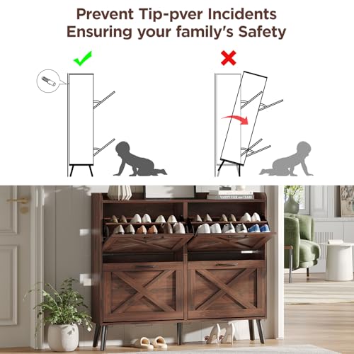 Maupvit Large Shoe Storage Cabinet with 4 Flip Drawers, Narrow Shoe Cabinet for Entryway with Wooden Legs, Freestanding Hidden Shoe Rack Organizer ＆ Metal Hinges, Walnut - color: Dark Walnut, style: 4-Drawers