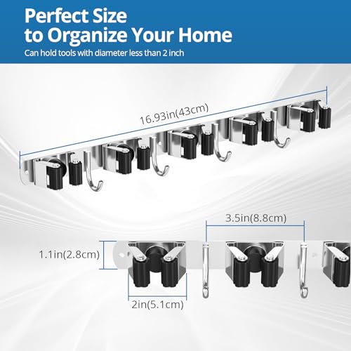 2 Pack Broom Holder Wall Mount Mop and Broom Hanger Broom Organizer Storage Tool Racks Stainless Steel Heavy Duty for Kitchen Garden Laundry Garage (5 Racks with 4 Hooks) - style: 2 PACK