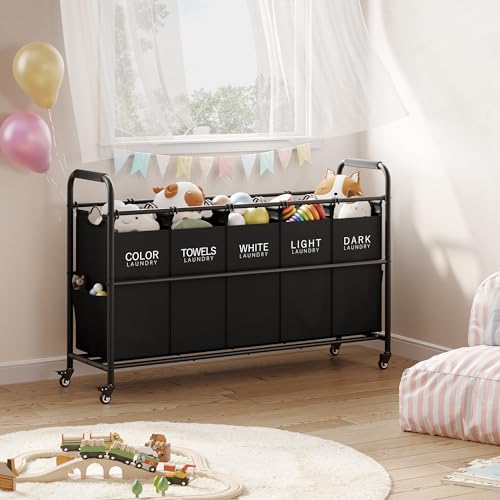 Tajsoon 5 Bag Laundry Sorter Cart, 5 Section Laundry Hamper with Heavy Duty Rolling Lockable Wheels, Laundry Basket Organizer with Removable Bags for Dirty Clothes Storage, Black - color: Black