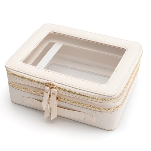 Aveniee Clear Makeup Bags, Double Layer Cosmetic Case with Separate Brush Compartment, Large Toiletry Organizer for Women, Travel Accessories Holder(2 Layers Large, White) - color: Off-White, style: Dual Layer Large