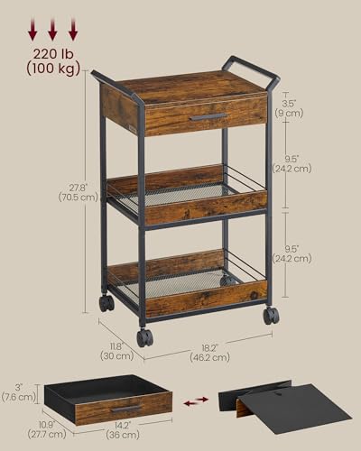 VASAGLE Storage Cart, 3-Tier Rolling Utility Cart with Table Top, Handles, 4 Lockable Casters, Top Drawer, Mesh Shelves, for Kitchen, Bathroom, Bedroom, Rustic Brown and Ink Black ULRC048K01 - color: Rustic Brown + Ink Black, size: 3 Tiers (27.8"H)