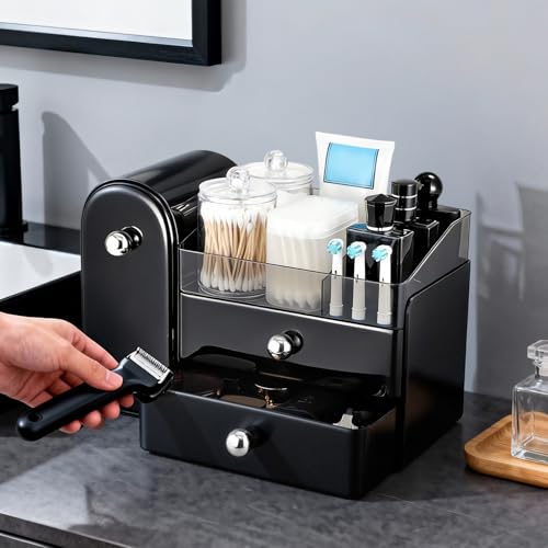Makeup Organizer,Vanity Organizer with Makeup Brush Holder,Large Skincare Organizers with Drawers,Bathroom Countertop Organizer,Storage Lipstick,Perfume,Nail Polish,Beauty,Mothers Day Gifts - color: Black
