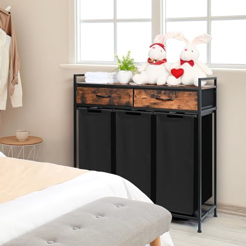 Laundry Sorter 3 Section, 180L Laundry Hamper Basket with Shelf and 2 Drawers, 3 Compartment Clothes Storage Organizer Cart, Pull-Out Removable Oxford Fabric Bags, Rustic Brown and Black - color: Brown, size: 180L