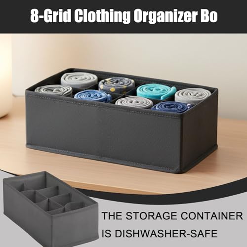 8 Grid Foldable Clothes Organizer Box,Wardrobe Storage Bin with PP Board Support,for Underwear, Socks, and T-Shirts,Grey - color: Grey, size: 8 Grid