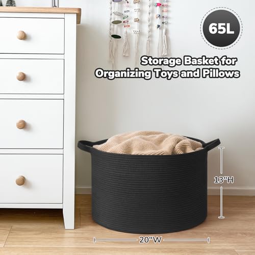 Goodpick Blanket Basket 19.7'' x 12.6'', Woven Storage Baskets, Cotton Rope Toy Storage for Kids, Home Decor for Living Room, 65L Black - color: Black, size: 19.7x19.7x12.6 Inch (Pack of 1)