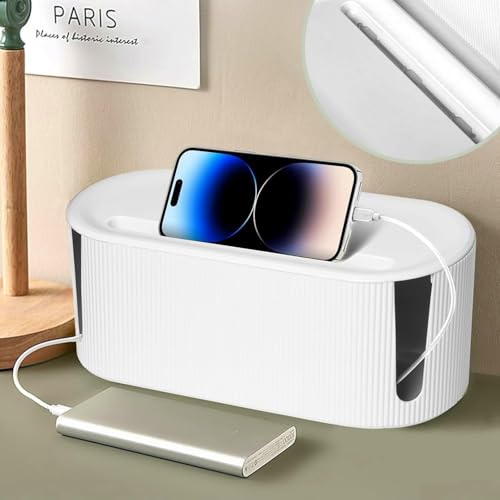 Cable Management Box,Desk Cord Organizer Box with Groove Cover,Plastic Cord Hider Box,Large Cable Box Organizer for Storaging Power Socket/TV/Computer/Router/Games Console Cable (White) - color: White