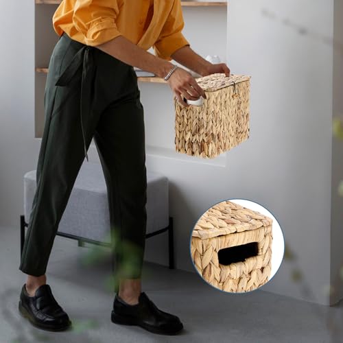 Sumnacon Toilet Paper Basket, Wicker Water Hyacinth Toilet Paper Holder with Handles and Lid, Holds Up to 4 Mega Rolls, Decorative Farmhouse Woven Bathroom Accessories Toilet Tissues Organizer, Small - size: Small