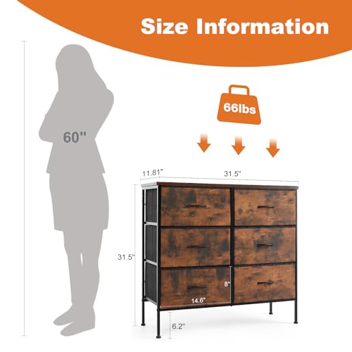Sweetcrispy Dresser for Bedroom with 6 Storage Drawers, Fabric Storage Tower Organizer, Chest of Drawers with Metal Frame Wooden Top for Closet, Living Room, Entryway, Rust Brown - color: Brown, size: 31.5"D x 11.8"W x 31.5"H (6 Drawers)