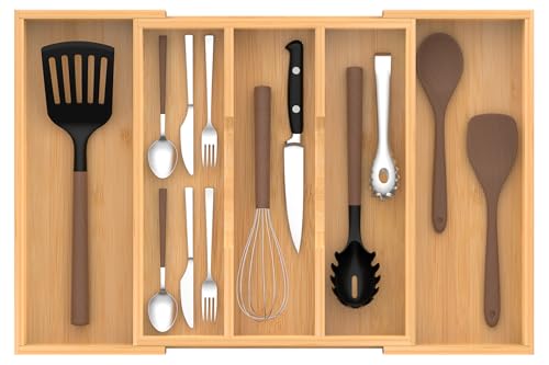 Bamboo Expandable Kitchen Drawer Organizer, 13" to 23" Adjustable Utensils and Cutlery Tray, Wood Drawer Organizer for Silverware Flatware