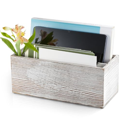 Mail Organizer countertop, Wood Mail Holder 2 Slots, Phone Box with Hidden Charging Port, White Wash Letter Holder, Desk Organizers & Accessories for Home Office Decor