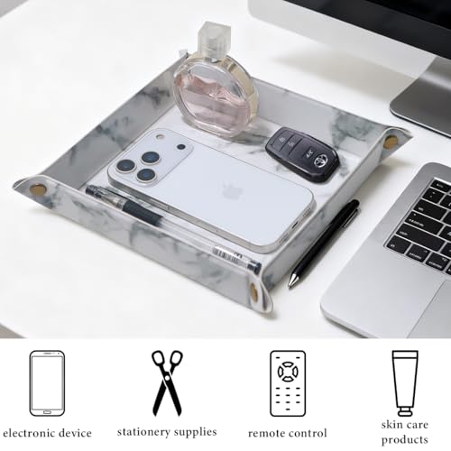 Valet Tray Desktop Storage Organizer – Premium PU Leather Catchall Bedside Vanity Tray Nightstand Caddy Holder for Remote Controller, Keys, Phone, Wallet, Coin, Jewelry,Marble White - color: Marble White