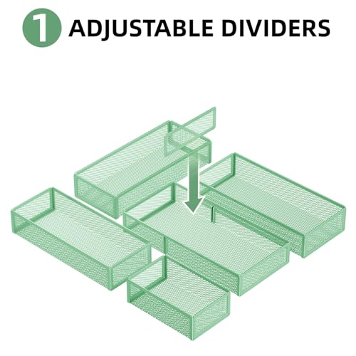 Marbrasse 5 Pack Desk Drawer Organizer Set, Mesh Drawer Storage Trays with 1 Adjustable Divider, Desk Organizers and Accessories, 5 PCS Drawer for Office Supplies, Makeup & Vanity (Green) - color: Green