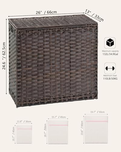 SETVSON Laundry Hamper with Lid Laundry Basket 132 L (35 Gal) Wicker Clothes Hamper, Handwoven Rattan Hamper with Handles and 4 Removable Liner Bags, 6 Mesh Bags for Laundry Bedroom Brown - color: Brown, size: 35.0 Gal
