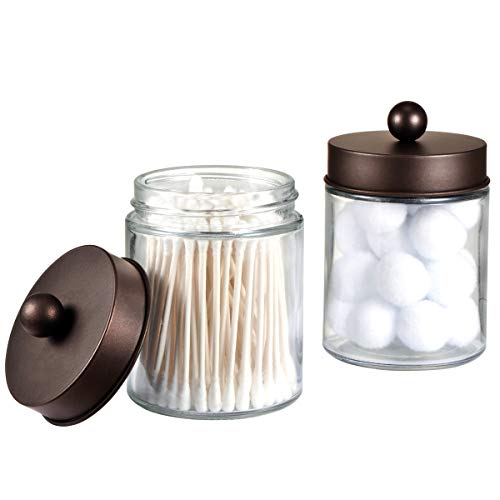 Amolliar 4Pc Apothecary Jars Bathroom Vanity Storage Organizer Set -Countertop Canister with Stainless Steel Lids &Cute Stickers - Qtip Dispenser Holder for Qtips,Cotton Swabs,Makeup Sponges (Bronze) - color: Bronze