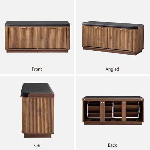Fluted 3-Tier Entryway Shoe Bench with Drawers and Adjustable Shelves, 43.3'' Wide Shoe Storage Bench with Cushion Seat for Entrance, Hallway, Living Room, End of Bed - Walnut - size: Drawer-walnut