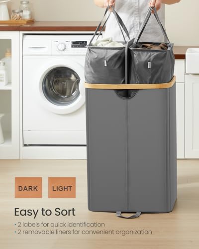 SONGMICS Laundry Hamper with Lids, Laundry Basket with 2 Compartments, 39 Gal. (150 L), Removable Liner Bag, for Laundry Room, Bedroom, Living Room, Slate Gray and Light Bamboo ULCB523G01 - color: Slate Gray, size: 150L (2-Section with Double Lid)
