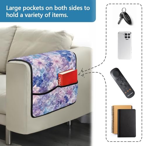 Blue Floral Print Couch Arm Covers Stain Resistant Sofa Arm Covers with 2 Side Storage Pocket Non-Slip Recliner Armrest Organizer Comfy Remote Controls Holder - color: Blue Floral