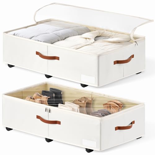 60L Large Under Bed Storage with Wheels Pack of 2, Underbed Shoe Container Bin with Clear Lid Cover, 10.5 Inches Rolling Under Bed Drawer Storage Bag Basket for Boots Quilt Sweater - White - color: White, size: 10.5 Inches Tall