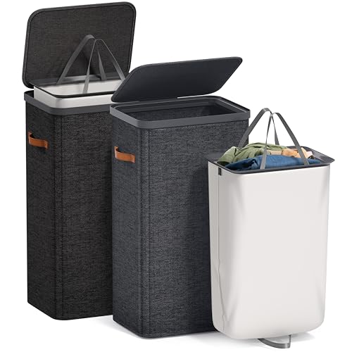 Sorbus Laundry Hamper with Lid - Collapsible Fabric Laundry Basket with Handles and Removable Laundry Bag – 26.5 Gallon (100 L) Dirty Clothes Hamper for Bedroom, bathroom and dorm - 2 Pack (Black) - color: Black, size: 1 Compartment (2 Pack)