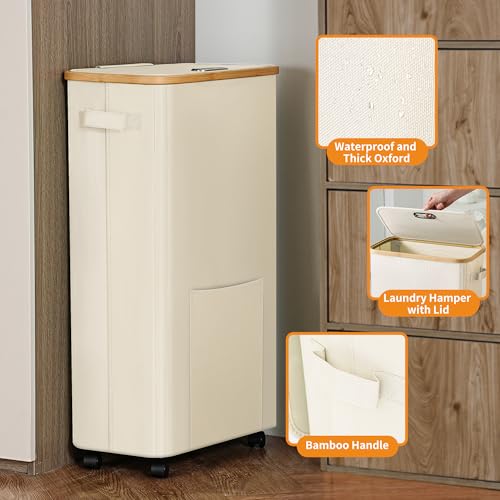 Laundry Basket with Wheels, Dirty Clothes Hamper on Wheels, Rolling Tall Laundry Hamper with lid for Laundry Room, Dorm and Bathroom, 75L Beige - color: Beige, size: 75L