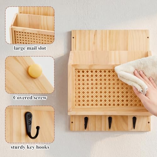 Rattan Mail and Key Holder Wall Mounted, Wood Magazine Mail Sorter Rack Wall Organizer with 2 Slots 3 Hooks for Coat, Dog Leash, Decorative Key Rack for Entryway,Living Room(Natural)