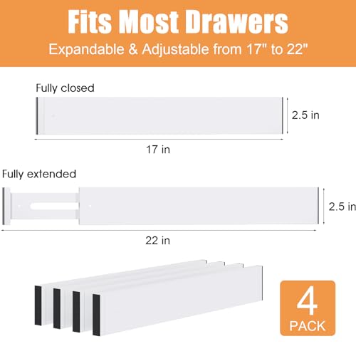 Bamboo Drawer Dividers,17-22" Adjustable Kitchen Drawer Organizer for Clothes,4 Pack Expandable Drawer Organization Separators for Bedroom,Bathroom,Dresser and Office,White - color: White, size: 17-22 IN
