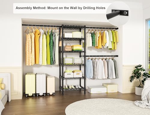 Ulif M5 Wall Mounted Clothes Garment Rack, Heavy Duty Closet Storage and Organizer System with 6 Shelves and 3 Expandable Hanger Rods, Space Saver Suit (46.2-102.4)" W x 14" D x 83.1" H, Black - color: Black, size: M5